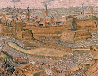 Vlaamse wandtapijt. Serie Triomfen en veldslagen van Aartshertog Albert. Aanval en verovering van het versterkte slagveld van Hulst. Zesde wandtapijt in de serie. Model Otto van Veen en Hans I Snellinck.