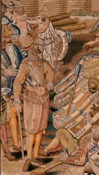 Vlaamse wandtapijt. Serie Triomfen en veldslagen van Aartshertog Albert. Aanval op de stad Calais. Tweede wandtapijt in de serie. Model Otto van Veen en Hans I Snellinck. Fabriek Martin Reynbouts, Brussel.