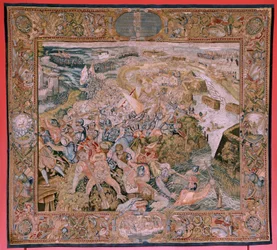 Vlaams wandtapijt. Serie Triomfen en veldslagen van aartshertog Albert. Slag in de loopgraven van Hulst. Vijfde wandtapijt in de serie. Model Otto van Veen en Hans I Snellinck. Manufacture Martin Reynbouts, Brussel. 1597-159