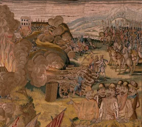 Vlaamse wandtapijt. Serie Triomfen en veldslagen van Aartshertog Albert. Nachtelijke aanval op Ardres of Inname van de lage stad Ardres. Derde wandtapijt in de serie. Model Otto van Veen en Hans I Snellinck.