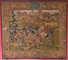 Vlaams wandtapijt. Serie Triomfen en veldslagen van aartshertog Albert. Nachtelijke aanval op Ardres of Verovering van de lage stad Ardres. Derde wandtapijt in de serie. Model Otto van Veen en Hans I Snell