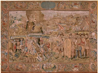 Vlaams wandtapijt. Serie Triomfen en veldslagen van aartshertog Albert. De verovering van de stad Hulst. Zevende wandtapijt in de serie. Model Otto van Veen en Hans I Snellinck. Manufacture Martin Reynbouts, Brussel