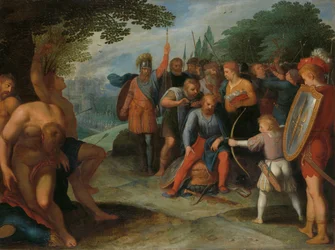 Julius Civilis laat zijn haar knippen na de val van Vetera, terwijl zijn zoon enkele gevangenen doodt