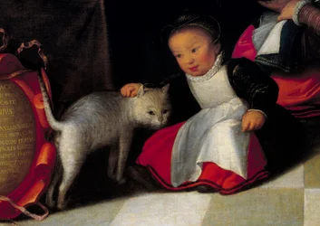 De kunstenaar en zijn familie Detail van de kat en het kind. Schilderij door Octavius Van Veen (1556-1629)