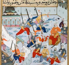 Inname van Constantinopel: het leger van de Ottomaanse sultan Mehmet II (Mehmed II de Veroveraar of Muhammad II Fatih) (1430-1481) in de Gouden Hoorn belegerde de stad Constantinopel in 1453. 15e-eeuwse miniatuur. Topkapi Sarayi Museum Bibliotheek Istanboe