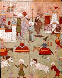 Festiviteiten georganiseerd ter gelegenheid van de besnijdenis van de zoon van de Ottomaanse sultan Murad II, voorbereiding van vuurwerk. Miniatuur uit de 16e eeuw. Istanboel, Topkapi Sarayi Museum Bibliotheek