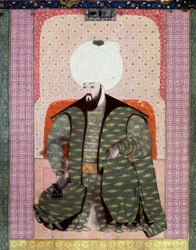 Ottomaanse Rijk: Portret van Ottomaanse Sultan Bajazed (Bayezid, Bajazet, Bayazid) II de Rechtvaardige (1447-1512) Miniatuur uit het manuscript (Ms. 1973, folio 62a) Zubdat al Tawarikh (Creme van Verhalen) door historicus Seyid Loqid Ashuri