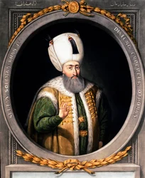 Ottomaanse Rijk: Portret van Soliman (Suleyman) I de Prachtige (1494-1566), Tiende Ottomaanse Sultan Miniatuur uit de 16e eeuw. Istanbul, bibliotheek van het Topkapi Sarayi Museum
