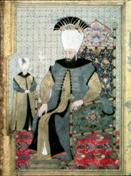 Ottomaanse Rijk: Portret van Sultan Ahmet (of Ahmed) III (1673-1736) Het is representatief wijzend met zijn vinger mogelijk om de opdracht te geven tot het slachten van de Janitsaren. Miniatuur Istanbul, Topkapi Sarayi Museum, Turkije