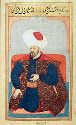 Ottomaanse Rijk: portret van de eerste Sultan Osman I (1258-1326). Miniatuur uit het manuscript 
