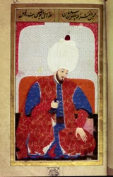 Soliman (Suleyman) I de Prachtige (1494-1566), Sultan Ottomaanse Rijk. Miniatuur uit het manuscript 