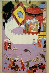 De moord op sultan Murad I (1326-1389) door de Servische ridder Milos Obilic in de Slag bij Kosovo