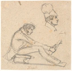 H.E. Freund zittend op een kruk en een tekening bekijkend. Boven rechts profielportret van J. Th. Lundbye.