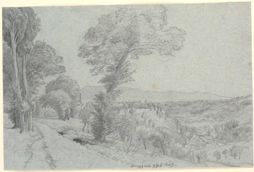 Italiaans berglandschap met uitzicht op "Genazzano 9 juli 1869"
