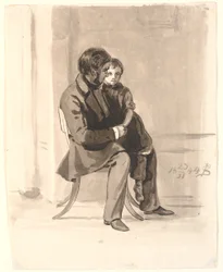 Johan Thomas Lundbye met Olympia Freund op schoot