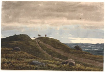 Landschap met een zanderige weg die over een heideheuvel voert. Rechts uitzicht over uitgestrekt land met veenmoerassen. Uit de omgeving van Raageleje?