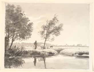 Landschap met velden, bomen, koeien en een boer die zich in het water van de voorgrond spiegelt