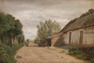 De buitenwijken van het dorp Vejby. Langs de weg de schilder J.Th. Lundbye aan het schetsen