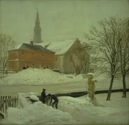 Uitzicht vanuit het huis van de kunstenaar in het Løweners eigendom op Christianshavn. Winterdag met sneeuw