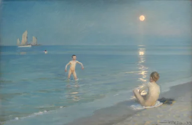 Jongens baden in Skagen. Zomeravond