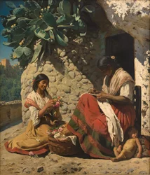 Twee zigeunervrouwen buiten hun huisje. Spanje