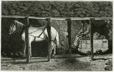 Interieur van een galerij met berlaine. Gravure door Ferat, ter illustratie van het verhaal "België", door Camille Lemonnier (1844-1913) Belgische schrijver. Gepubliceerd in Le Tour du monde, nouveau journal des voyages, 2e semester 1884, uitgegeven door E