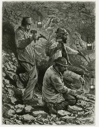Mijnwerkers die kolen winnen in de ader. Gravure door Ferat, ter illustratie van het verhaal 