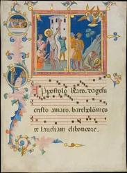 Manuscriptblad met de Martelaarschap van Sint Bartholomeus, uit een Laudario, ca. 1340