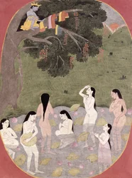 Krishna met de kleren van de koeienmeisjes, Tehri-Garhwal, ca.1820-30