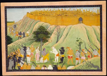 Rama en Lakshmana in overleg met de aap en beer bondgenoten, ca. 1800