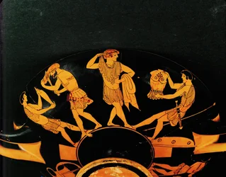 Krijgers die hun harnas aantrekken, een jongeling die zijn lange haar afknipt ...