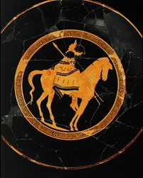 Ruiter. Midden medaillon van een roodfigurige beker uit Vulci, dezelfde beker als 10-03-03/66 en 67 ...