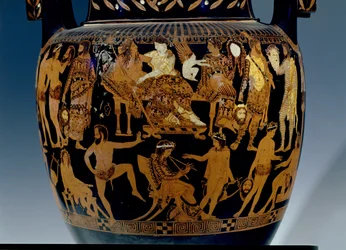 Attische roodfigurige volute-krater, detail van scène van acteurs en muzikanten die zich voorbereiden op een optreden voor Bacchus en Ariadne, Grieks, uit Ruvo, 5e eeuw v.Chr. (keramiek)