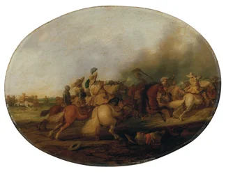 Een cavalerieschermutseling met een gevallen soldaat