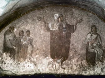 VROEGCHRISTELIJKE KUNST: Catacombe van St. Priscilla. Cubible van de Velata, eind 3e eeuw (fresco)