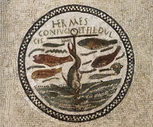 Mozaïek met een anker omringd door vissen, symbool van Christus en zijn volgelingen, catacomben van Sousse, Tunesië, vroegchristelijke periode, 4e eeuw