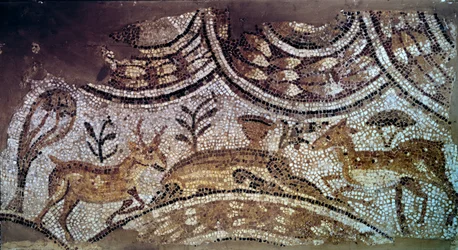 Paleochristelijke kunst: fragment van kerkmozaïeken: herten en herten die water drinken. 6e eeuw na Christus. Uit Carthago, Bir Ftouha, Tunesië. Parijs, Louvre Museum
