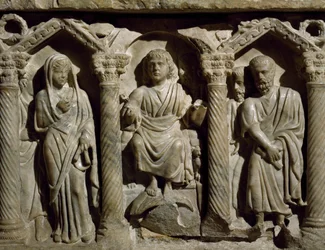 Vroegchristelijke sarcofaag, ook bekend als de sarcofaag van de zalige Gillis, marmer, Oratorium van San Bernardino, Perugia, Umbrië, detail, Italië, 4e eeuw