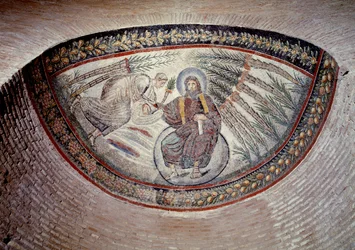 Vroegchristelijke kunst: Verlosser die wet geeft (vrede), mozaïek van de apsis, 4e eeuw