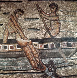 Scène uit het leven van Jona met zwaluwen bij een vis, detail. Mozaïek uit de 5e of 6e eeuw. Kathedraal van Aquileia, Italië