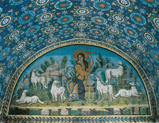 De Goede Herder, mozaïek van de lunet boven de toegangsdeur van het Mausoleum van Galla Placidia, ca. 425