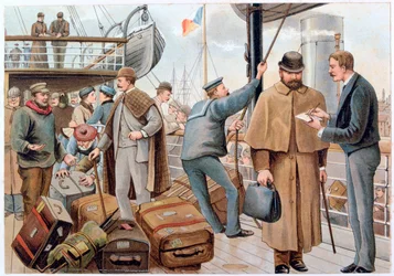Passagiers die aan boord gaan van een P&O-liner in de Theems, ca. 1890