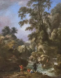 Landschap met waterval en figuren