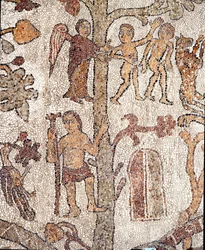 Adam en Eva jagen uit het Aards Paradijs Mozaïek van Pantaleone, priester en mozaïekmaker. 1163-1166. Centrale schip van de Kathedraal van Otranto
