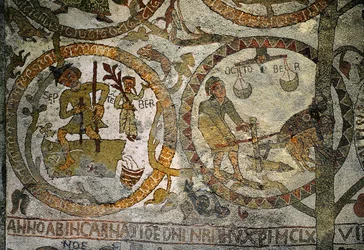 De tekens van de dierenriem uit de mozaïekvloer van de
kathedraal van Otranto (mozaïek)
