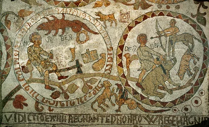 De tekens van de dierenriem uit de mozaïekvloer van de kathedraal van Otranto, Zuid-Italië (mozaïek)