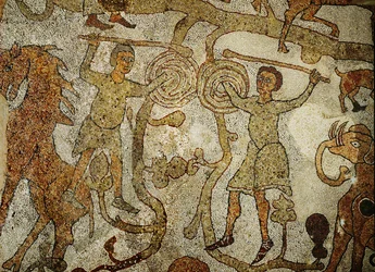 Twee vechtende krijgers. Mozaïekvloer van de kathedraal van (mozaïek)