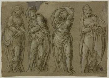 Vier staande gedrapeerde vrouwenfiguren