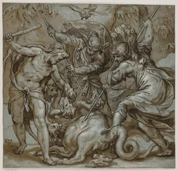 Hercules, Mercurius en Minerva die de Hydra doden