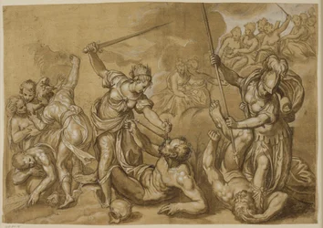 Gerechtigheid, Mercurius en Minerva verslaan de ondeugden terwijl een groep godinnen vanuit de wolken toekijkt